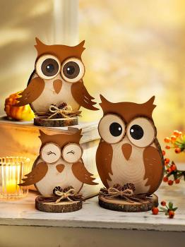 Niedliche Deko-Eulen "Familie Kauz" 3er-Set aus Holz und Metall