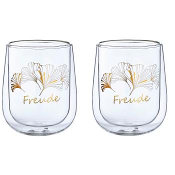Doppelwandige XXL Gläser "Ginkgo", 2er Set Trinkgläser Teeglas 450 ml