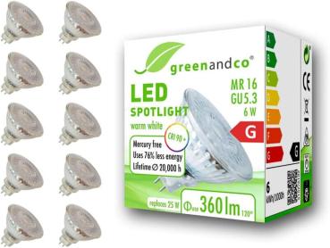 10x CRI 90+ MR16 GU5.3 LED Spot, 6W 360 lm 110° 3000K warmweiß 12V AC/DC