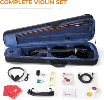 Vangoa 4/4 Elektrische Violine Geige aus Massivem Holz in Schwarz