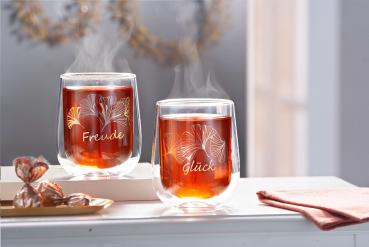 Doppelwandige XXL Gläser "Ginkgo", 2er Set Trinkgläser Teeglas 450 ml