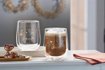 Doppelwandige XXL Gläser "Ginkgo", 2er Set Trinkgläser Teeglas 450 ml