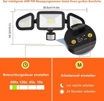42W LED Strahler mit Bewegungsmelder Außen 3600LM Aussenstrahler IP66 Flutlicht