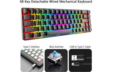 PC Computer Tastatur Gaming 68 Tasten Blauer Schalter 60% Mini in Schwarz