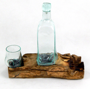 Dekoglas auf Holzwurzel Whisky Set Deko Dekoration Holz Windlicht Glas Dekoglas