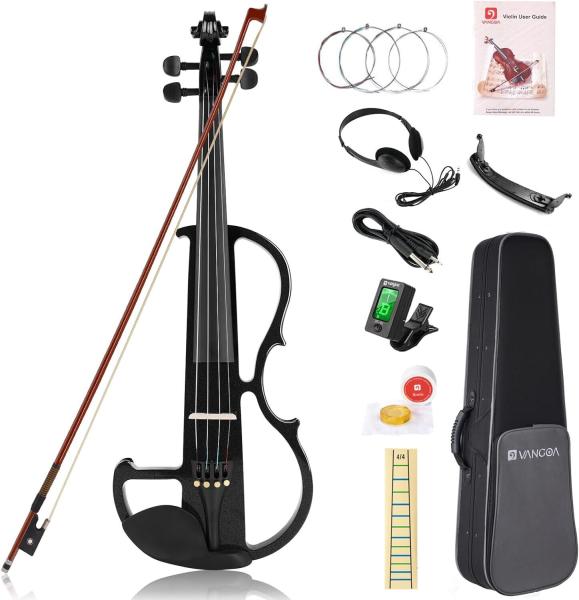 Vangoa 4/4 Elektrische Violine Geige aus Massivem Holz in Schwarz