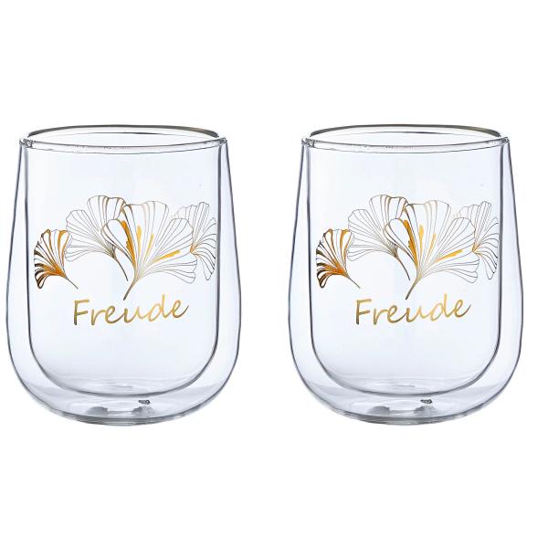 Doppelwandige XXL Gläser "Ginkgo", 2er Set Trinkgläser Teeglas 450 ml