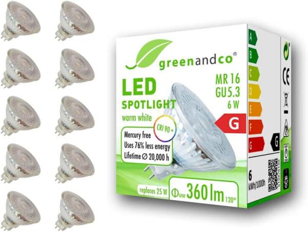 10x CRI 90+ MR16 GU5.3 LED Spot, 6W 360 lm 110° 3000K warmweiß 12V AC/DC