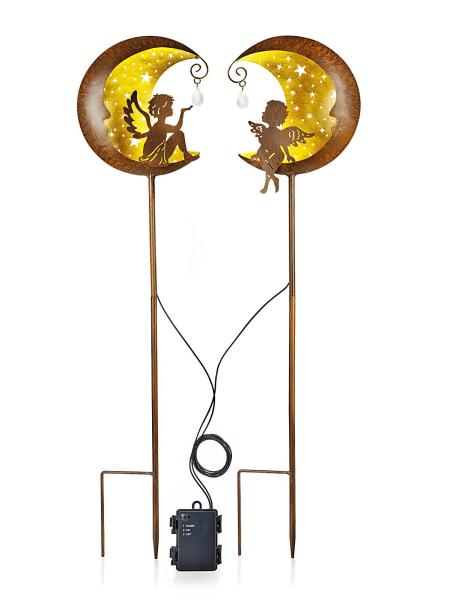 LED-Gartenstecker "Engel im Mond" 2er-Set, Gold-Metallic Beleuchtung Deko Garten