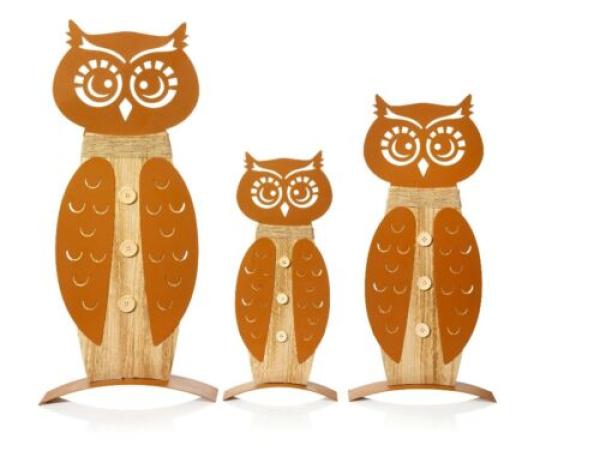 Eulenfamilie "Kauz", 3er-Set Wohnungs Deko Garten Dekoration aus Metall und Holz