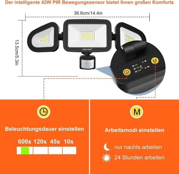 42W LED Strahler mit Bewegungsmelder Außen 3600LM Aussenstrahler IP66 Flutlicht