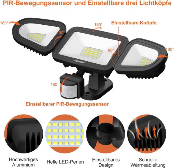 42W LED Strahler mit Bewegungsmelder Außen 3600LM Aussenstrahler IP66 Flutlicht